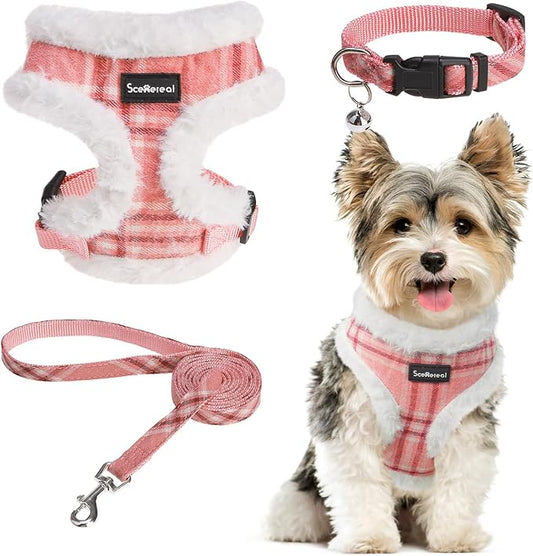 SCENEREAL Small Dog Harness Collar and Leash Set, Mesh Plush No Pull Puppy Vest Harness, Warm Fleece No Chock Small Pet Halter for Outdoor Walking Training, Pink Plaid S