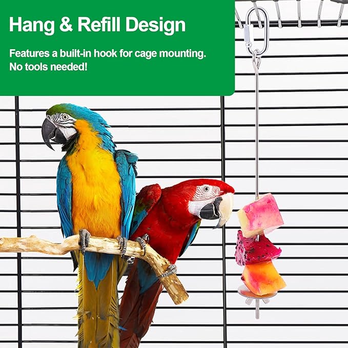 3 Pcs Bird Cage Food Holder Stainless Steel Parrot Fruit & Vegetable Skewer Hanging Foraging Toy for Parakeets, Budgies, Macaws
