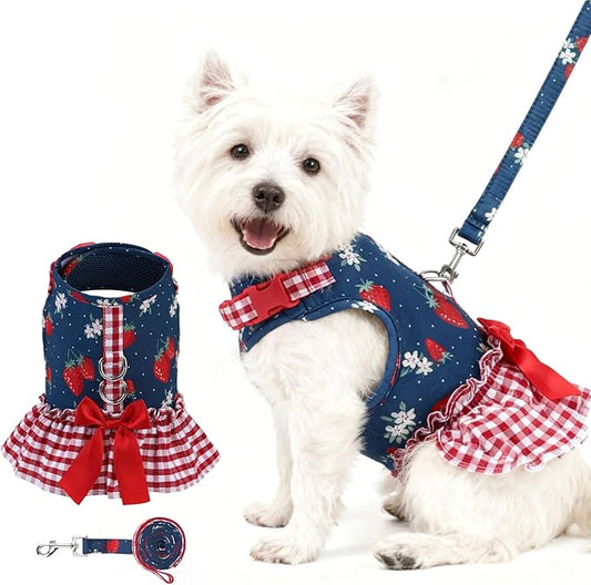 EXPAWLORER Dog Harness Small Medium Sized Dogs, Plaid Dog Dress Bowknot Harness and Leash Set, No Choke No Pull Soft Mesh Vest Cute Princess Puppy Outfits Clothes Costume for Girls Party Cats Navy S
