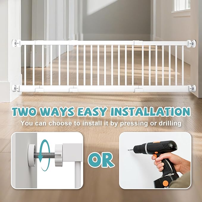 Metal Dog Gate for Small Dogs, 17"- 44" Adjustable Extra Wide Gate to Step Over, 10'' Tall Short Dog Pet Gate with 4 Extension Kits, Pressure Mounted Indoor Outdoor Pet Gate for Doorways & Stairs