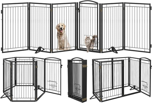 Metal Freestanding Dog Gate with Cat Door for Indoor&Outdoor,120" Extra Wide Foldable Pet Gate,36" Tall Foldable Indoor Dog Fence for Wide Openings Stairs,Deck,Yard,Doorways(6 Panels,Black)