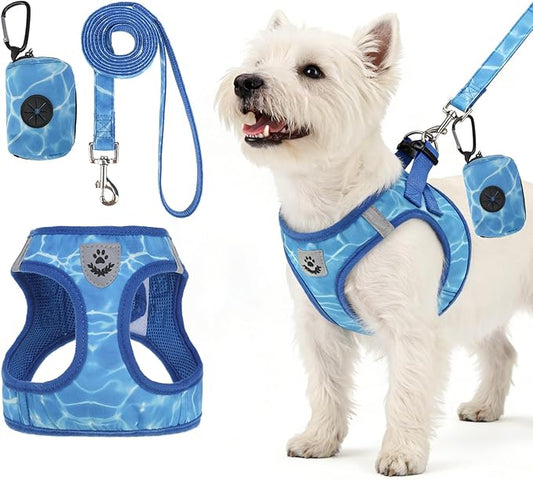 PAWCHIE Dog Harness and Leash Set, Step in No Pull Soft Pet Harness, Reflective Adjustable Puppy Vest for Small Medium Dogs Cats, No Choke Harness Vest with Poop Bag Holder for Walking,Running,Blue S