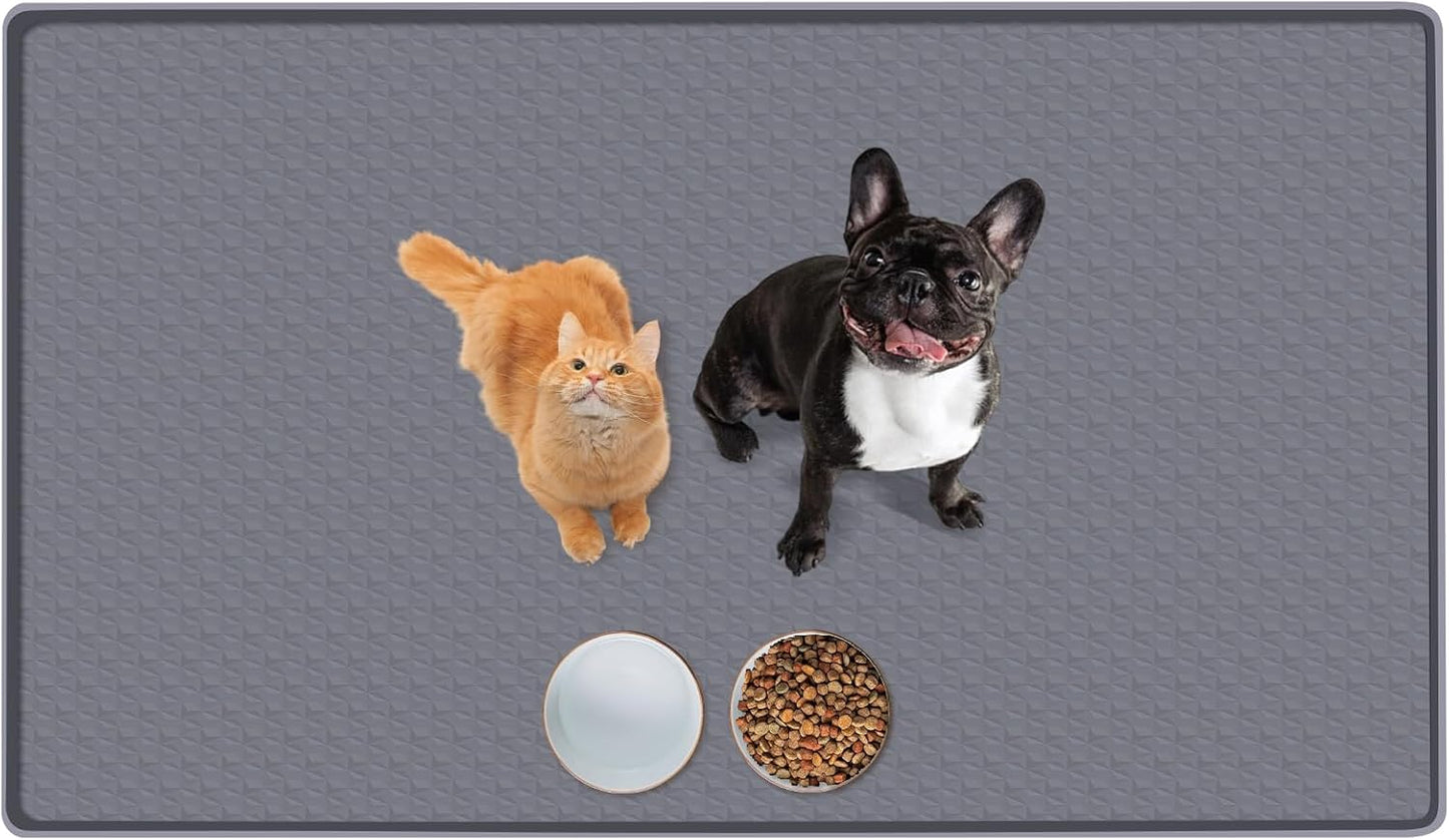 Cat Food Mat, 51.2" x 25.6" Extra Large Silicone Pet Feeding Mat with Raised Edge Pet Placemat for Food and Water Bowl Non-Slip, Easy to Clean, Floor Protection (Dark Grey)