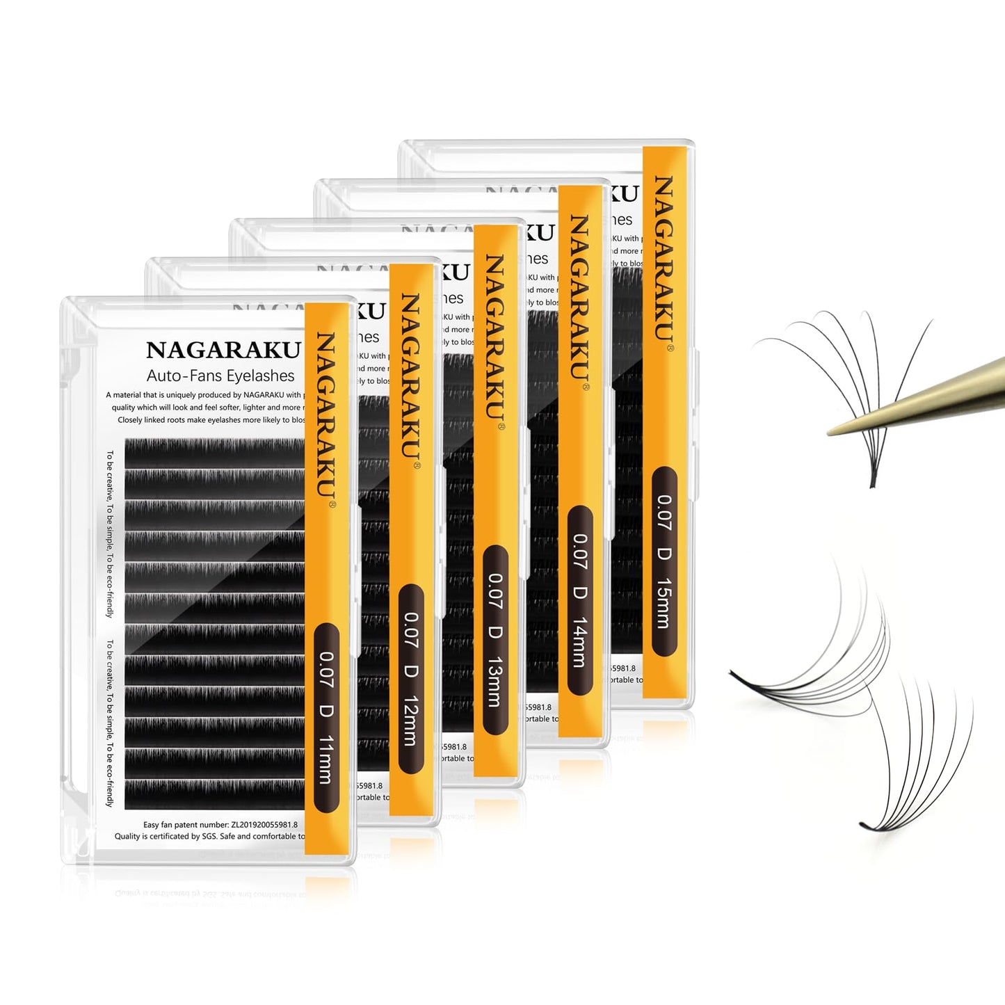 Nagaraku Easy Fan Eyelash Extensions Volume Lashes 5 Trays In 1 Pack 0.07 D Curl 11/12/13/14/15Mm Rapid Blooming Russian Mega Vo