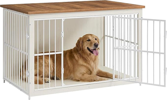 Feandrea Wooden Dog Crate Furniture, 48 Inches Heavy-Duty Kennel for Dogs up to 110 lb, with Double Doors and Enclosed Wood Base, Modern Pet Cage End Table Indoor, Rustic White and Honey Brown