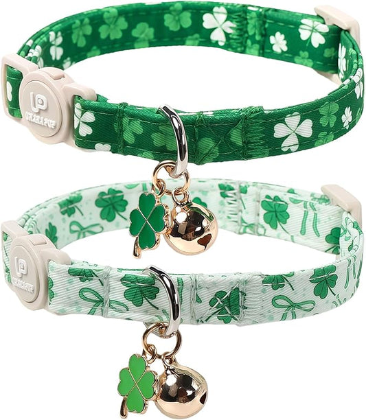 Cat Collar,2Pack St.Patrick's Day Cat Collars Cute Breakaway Kitty Collars,Spring Green Shamrock Cat Collar with Bell, Lucky Clover Kitten Collars with Safety Buckle for Girl & Boy Cats