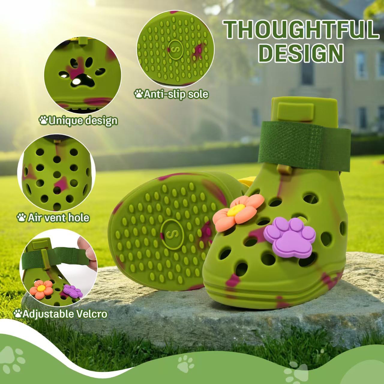 Dog Shoes for Hot Pavement, Adjustable Magic Tape Boots for Small, Medium & Large Dogs, Anti-Slip, Easy to Clean Paw Protectors for Beach, Outdoor & Hot Weather (Green S)