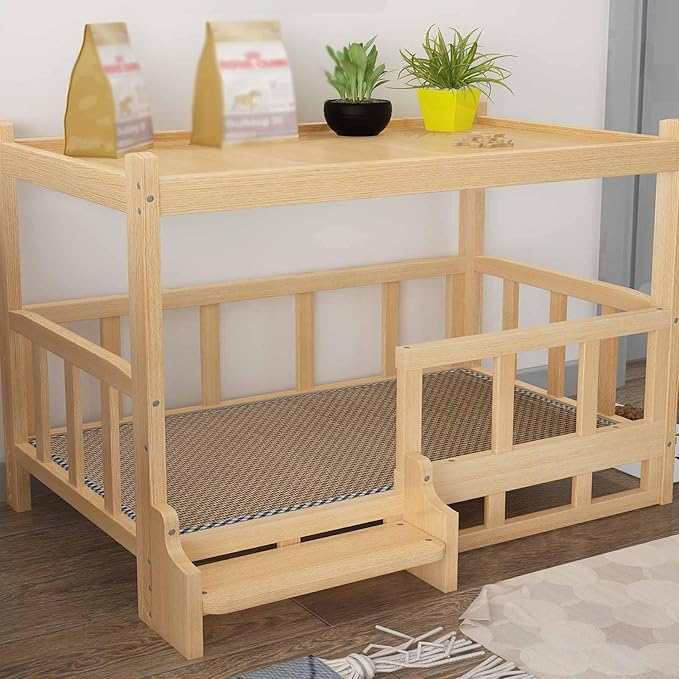 XPLKQXE Dog Bed Wood Platform, Elevated Pet Cushion Bed, Animal Couch with Mattress, Dog Beds & Furniture Rest Cot, Portable Fence Bed Pet Up to 45kg/100lbs(Color:Gray,Size:75x50x65cm)