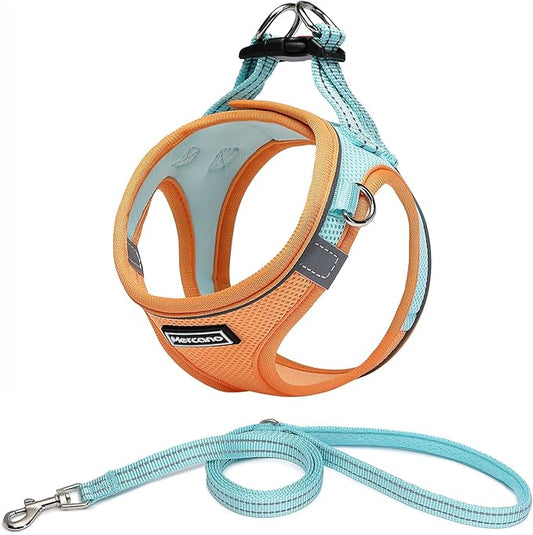 Mercano Soft Mesh Dog Harness and Leash Set, No-Chock Step-in Reflective Breathable Lightweight Easy Walk Vest Harnesses with Safety Buckle for Small Dogs, Cats (XXS, Orange Blue)