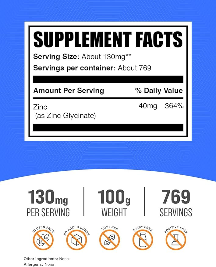 BulkSupplements.com Zinc Glycinate Powder - Zinc Supplement, for Immune Support - Gluten Free, 130mg per Serving, 100g (3.5 oz) (Pack of 1)