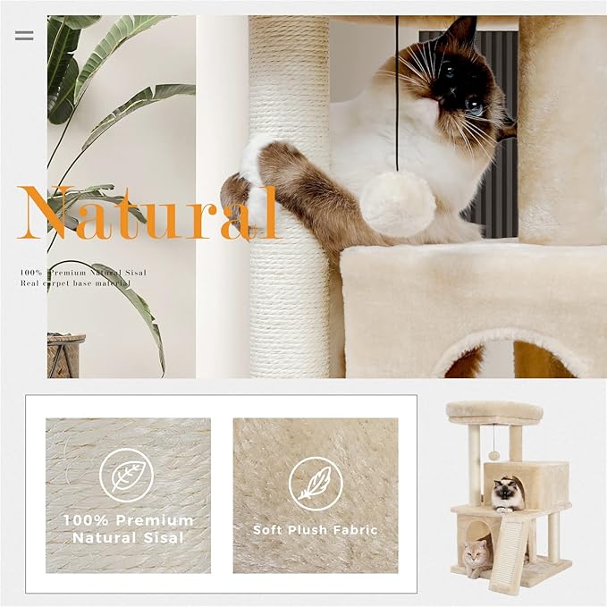 PAWZ Road Cat Tree Luxury Cat Tower with Double Condos, Spacious Perch, Fully Wrapped Scratching Sisal Posts and Replaceable Dangling Balls Beige