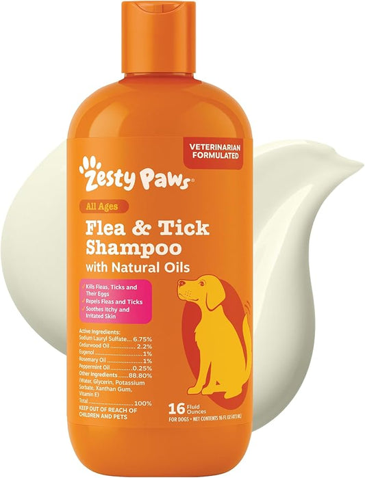 Zesty Paws Flea and Tick Shampoo for Dogs - Veterinarian Formulated Flea Shampoo for Dogs to Kill Fleas, Ticks & Their Eggs - Soothes Itchy & Irritated Dog Skin - Cedarwood, Rosemary & Peppermint Oil