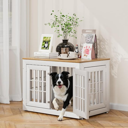 38" Heavy Duty Dog Crate Furniture for Small,Medium and Large Dogs,Rustic Wooden Dog Cage Kennel Indoor Furniture with Waterproof Top,Decorative Pet House Side End Table (White & Wood)