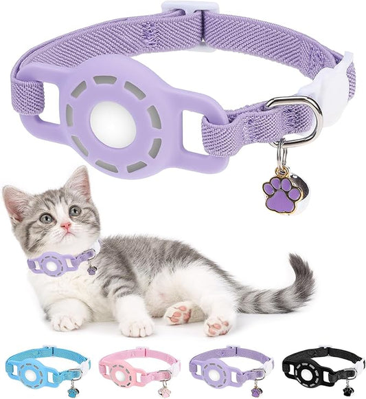 Airtag Cat Collar Breakaway, Stretchy Cat Tracker Collar with Apple Air Tag Holder for Boy Girl Cats, Elastic GPS Tracking Collars for Kittens and Puppies, Adjustable 9"-12" Purple