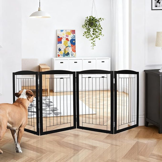 ZJSF Freestanding Foldable Dog Gate for House Extra Wide Wooden Black Indoor Puppy Gate Stairs Dog Gates Doorways Tall Pet Gate 4 Panels Fence