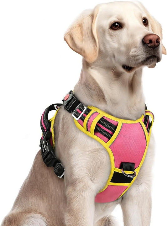 rabbitgoo Dog Harness for Large Dogs, No Pull Pet Vest with 3 Buckles, Adjustable Soft Padded Pet Harness with Easy Control Handle and Reflective Strips, Pink & Yellow, L