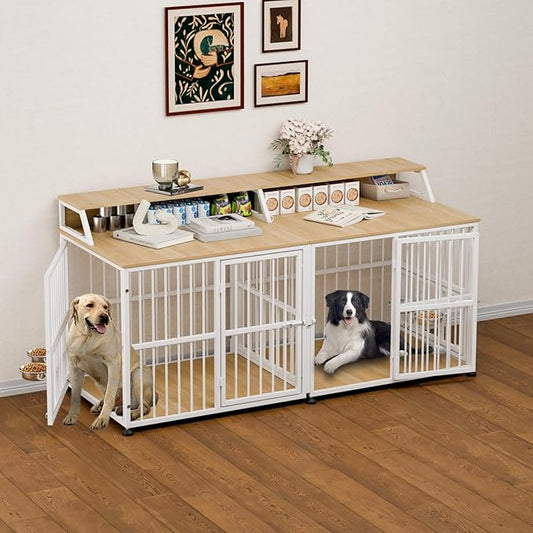 Dog Crate Furniture for 2 Dogs, 72" Extra Large Double Dog Cage Large Breed, XXL Thick Wooden Dog Crate with Storage Rack, Sturdy Dog Kennel with Removable Divider