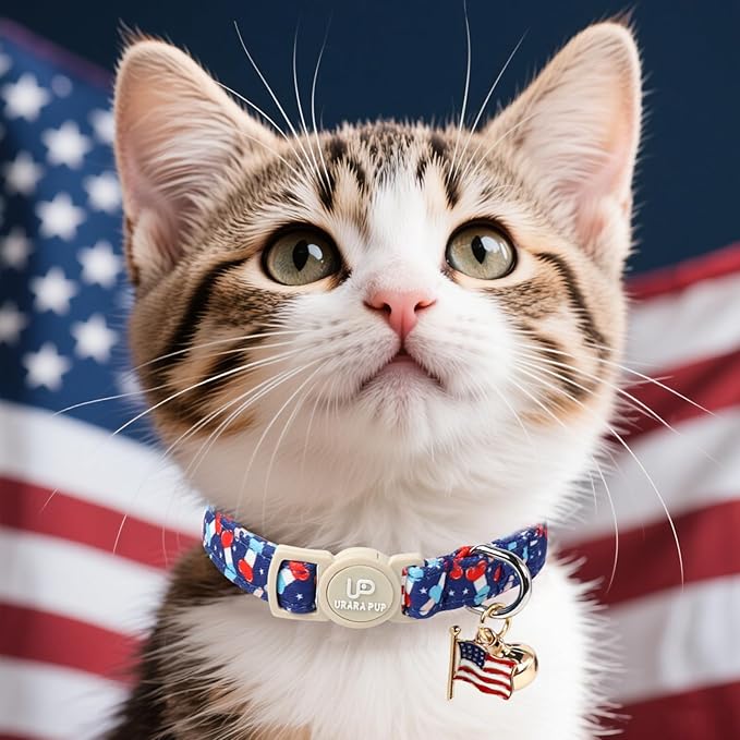 4th 0f July Cat Collar,2Pack Patriotic Day Kitten Collars Cute Flag Breakaway Kitty Collars,Summer Baseball Blue Cat Collar with Bell, for Girl & Boy Cats