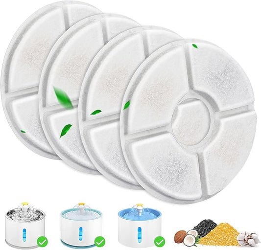 Cat Water Fountain Filter Replacement, 4 Pcs Cat Fountain Filters Dia is 5" with 3-Filtration System, Round Cats Carbon Filters Compatible with 81oz /2.4L Round Automatic Pet Fountain Water Dispenser