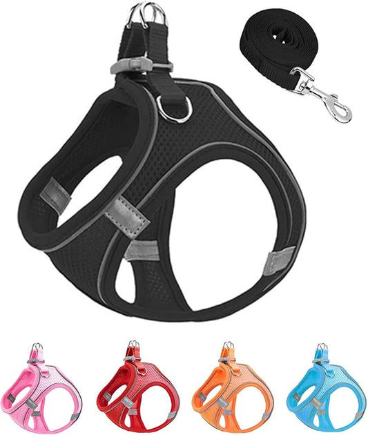 L Black Soft Mesh Dog Harness and Leash Set,No Escape Puppy Harnesses for Training Walking， Reflective Adjustable Puppy Vest for Small Medium Dogs, Cats (Black, L)