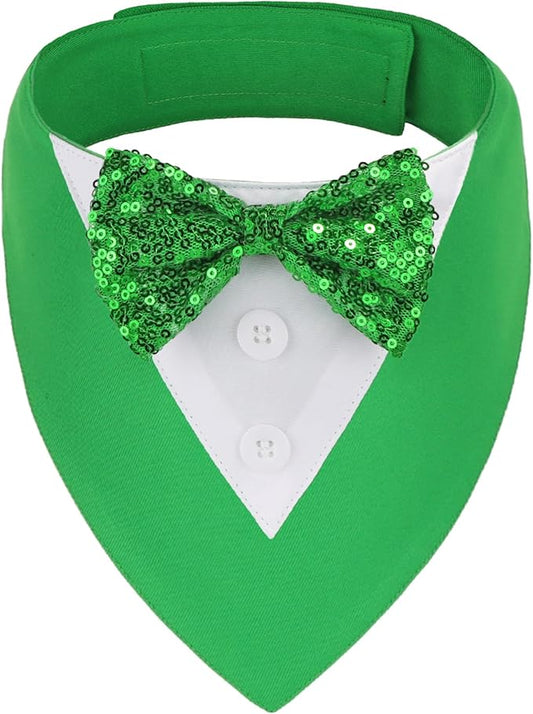 ADOGGYGO St.Patrick's Day Dog Tuxedo Bandana, Green Pet Tux Collar with Bowtie Adjustable St Patricks Costume for Large and Extra Large Dogs Pets (XL)