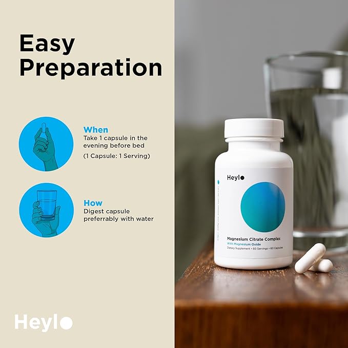 Heylo Magnesium Citrate Complex 500 mg - High Absorption Formula for Muscle Relaxation, Energy Support, Bone & Heart Health, Digestion, Stress Relief - Non-GMO, Vegan, 60 Capsules