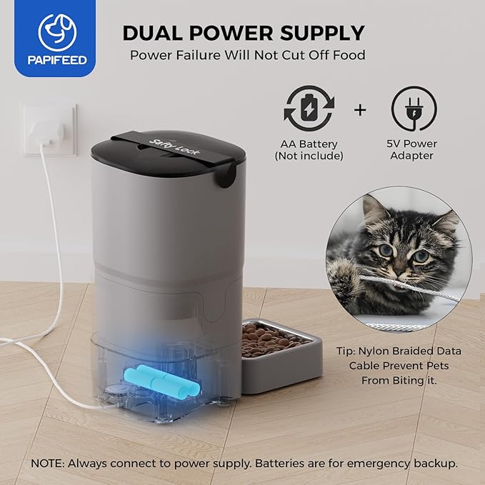 PAPIFEED Automatic Cat Feeder Upgrade, WiFi Pet Feeder with APP Control for Remote Feeding, Detachable for Easy Clean, Dual Power Supply,1-10 Meals Per Day for Multiple Pets(Gray)