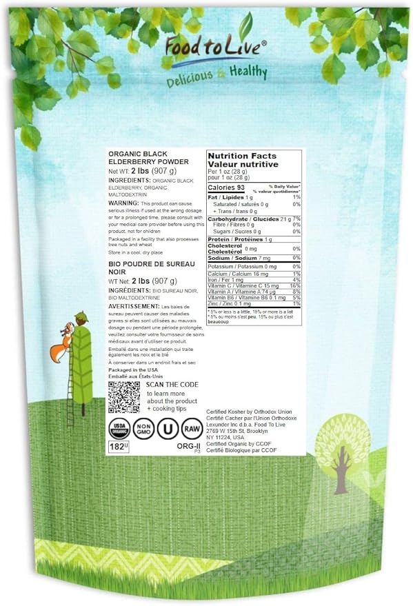 Food to Live Organic Black Elderberry Powder, 2 Pounds – Non-GMO, Made from Raw Dried Berries, Unsulfured, Vegan, Bulk, Great for Baking, Smoothies, Yogurts, No Sulphites, Contains Maltodextrin