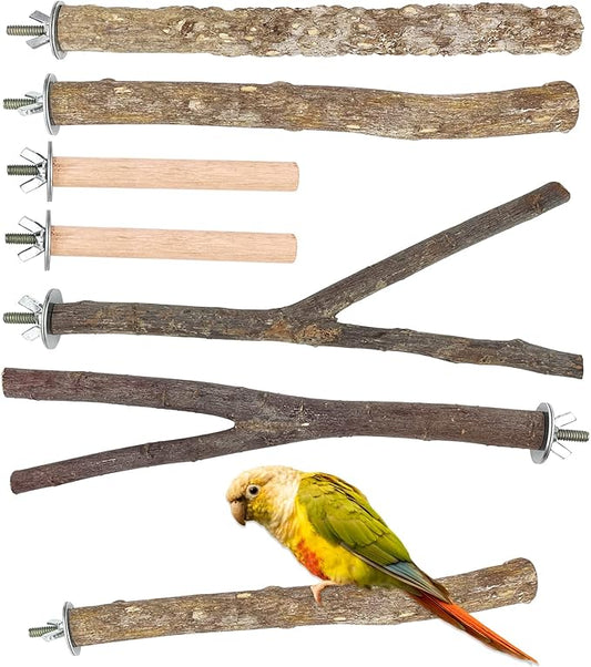 6 PCS Natural Wood Bird Perches Set, Parrot Stand Fork Toys, Hanging Multi-Branch Perch Bird Cage Accessories for Small Parakeets, Conures, Cockatiels, Budgies, Finches, 3 Types