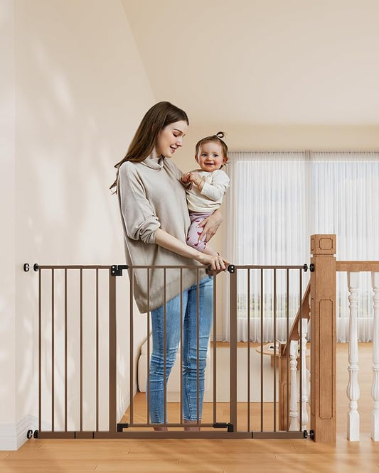 InnoTruth 28.9-49" Baby Gate for Doorways, 30" Tall Extra Wide Doggy Gates for Stairs One-Hand Opening, Easy Walk Thru Dual Lock Dog Gates for The House, Kitchen, Balcony, Easy Install Kid Gate,Brown