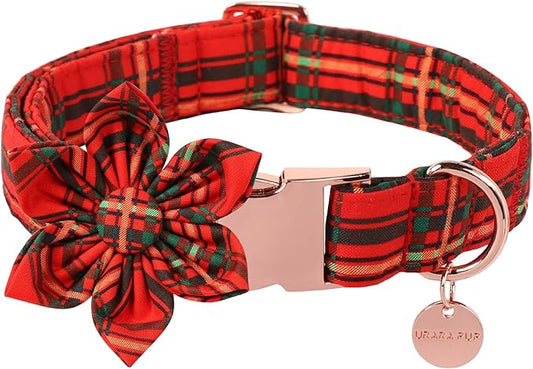 Christmas Dog Collar with Flower, Cotton Christmas Plaid Collar for Medium Girl Boy Dog,Red &Green Plaid Dog Collar Bowtie with Durable Metal Buckle,Adorable Pet Collar,S,Neck 10-16in