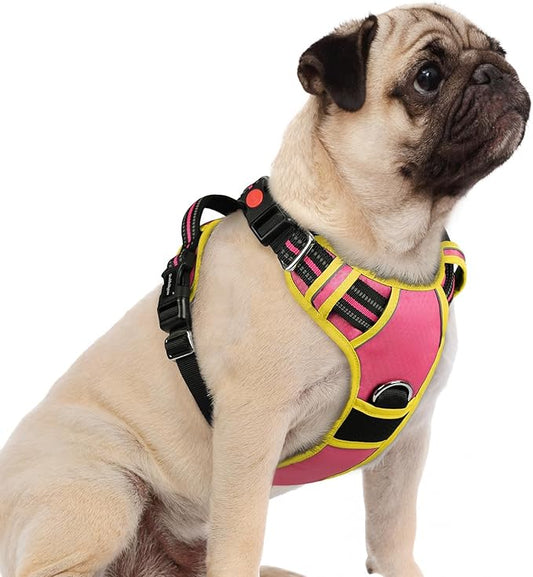 rabbitgoo Dog Harness Small Sized, No Pull Dog Vest with 3 Buckles, Adjustable Soft Padded Pet Harness with Easy Control Handle and Reflective Strips, Pink & Yellow, S