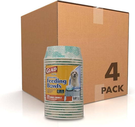 Glad Pets Disposable Small Dog Bowls, Teal Pattern, 1.75 Cup Feeding Size Leakproof and Dishwasher Safe (Pack of 4, 100 Count Total)