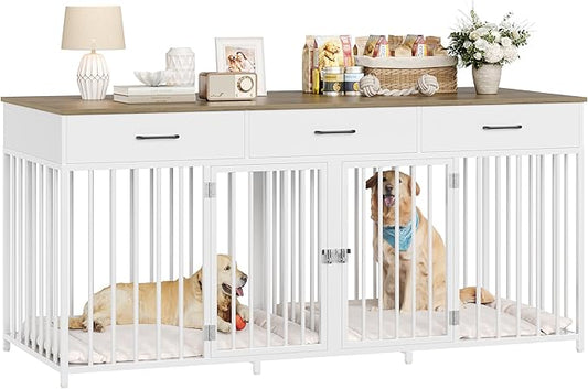 HOSTACK Double Dog Crates Furniture, 71" Wide Indoor Dog Kennel with 3 Drawers, Farmhouse Dog Cage for 2 Large/Medium Dogs, Heavy Duty Dog Crate with Removable Room Divider, Wooden Pet House, White
