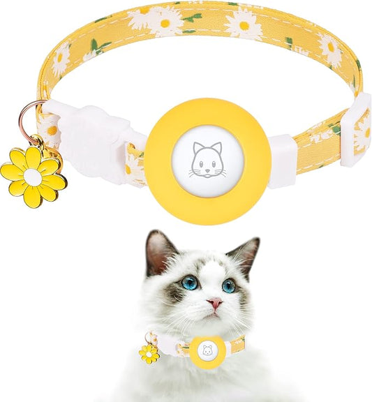 Airtag Cat Collar, JXFUKAL Kitten Collar Breakaway with Silicone Airtag Holder, Bells & Flower Charm for Girl Cats Boy Cats Small Dogs(Yellow)