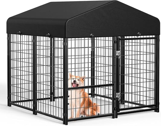Sino Luban Outdoor Dog Kennel Outside Run with Doggy Door&Waterproof Roof - 4x4x4.6FT Large Dog Kennels Pens Outside for Small/Medium Dogs - Heavy Duty Cage Yard (Can Connect to Your Dog House)