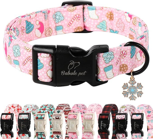 Christmas Dog Collar for Small Dogs - Cute Snowflake Print Pink Christmas Collars for Dogs, Soft Adjustable Winter Holiday Dog Collars with Quick Release Buckle S