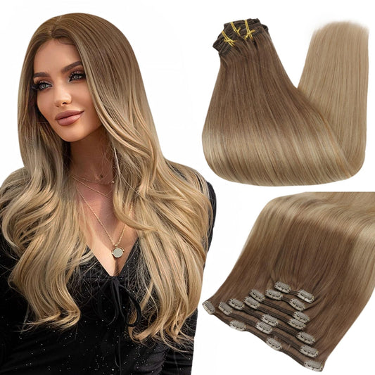 Full Shine Clip In Hair Extensions Golden Brown Fading To Dirty Blonde 16 Inch Real Remy Hair Clip In Extensions Durable Human H