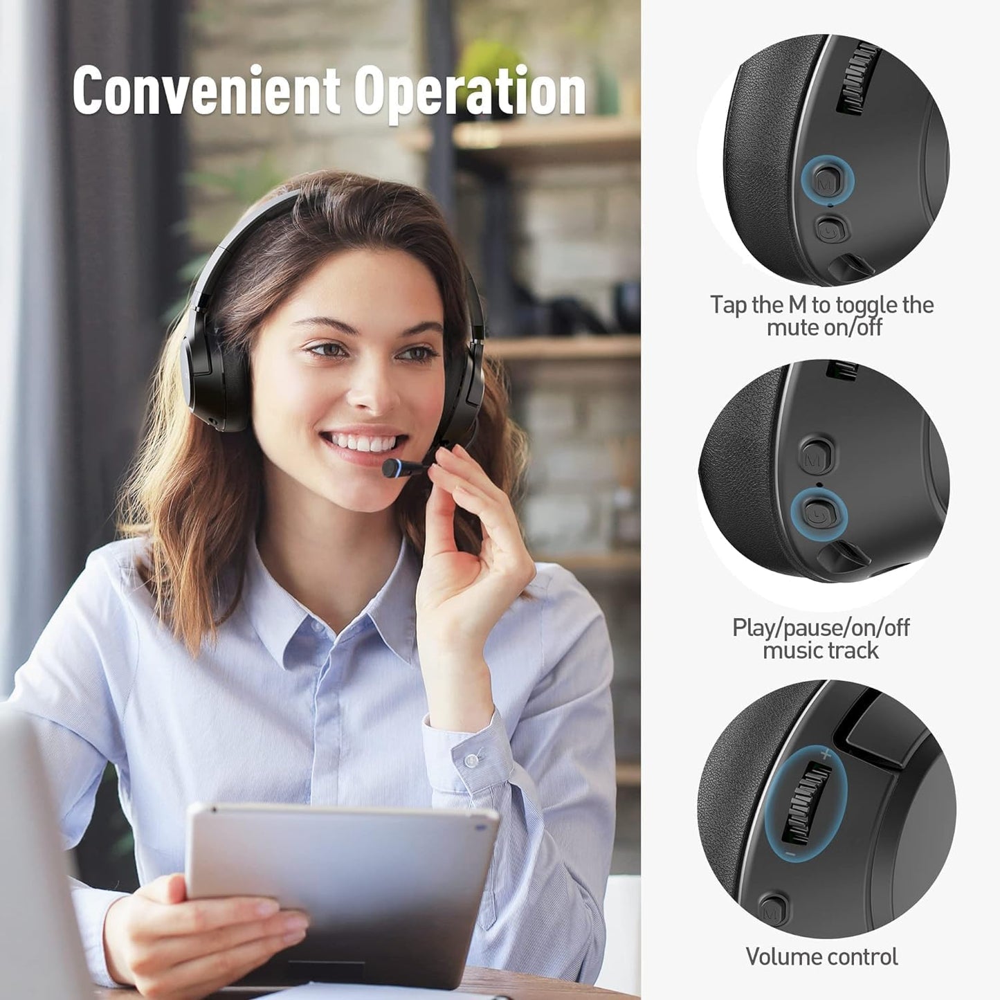 H300 Wireless Headphones Bluetooth with Microphone, Over Ear Headsets with USB Dongle & Mute, Environmental Noise Cancelling Retractable Mic for Work Office Meeting Laptop Computer (Black)