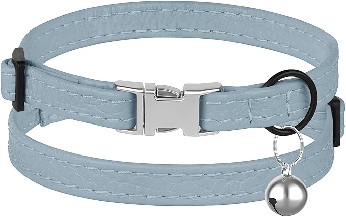 Leather Cat Collar with Buckle and Removable Bell - Non Breakaway Adjustable Soft Safety Small Pet Collars for Girl Boy Cats Kitten (Cornflower)