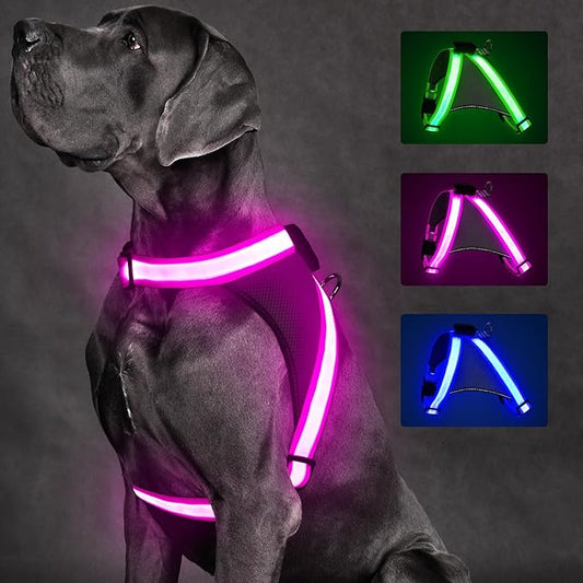 ChalkLit Light Up Dog Harness, No Pull Led Dog Harness Glow-in-The-Dark for Night Walking, USB Rechargeable Lighted Safety Vest for Medium Large Dogs, Adjustable Soft Mesh Fully Illuminated(Pink, XL)