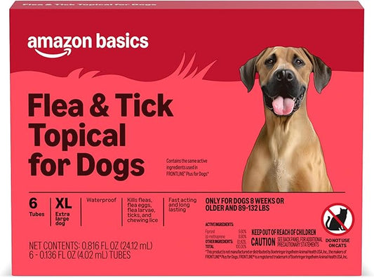 Amazon Basics Preventative Flea and Tick Topical Treatment for Dogs, X-Large (89-132 lbs), Fast Acting and Long Lasting, 6 Counts, Packaging May Vary