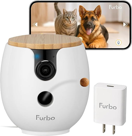 Furbo Mini 360° 2K QHD Pet Camera + Power Adapter: Dog & Cat Rotating Treat Dispenser w/Phone App, Smart Cam w/2-Way Speaker & Night Vision. No Subscription Needed. Standard See, Talk, & Toss Features