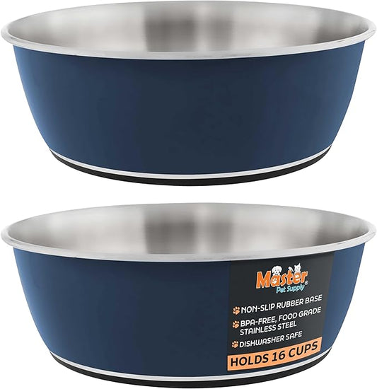 Master Pet Supply Stainless Steel Dog Bowls Set of 2 (128 Oz Each) with Non-Slip Rubber Base - Navy Blue - Basic Dog Food Bowl Water & Food Bowls for Small Medium Large Dogs & Cats, Metal Dish