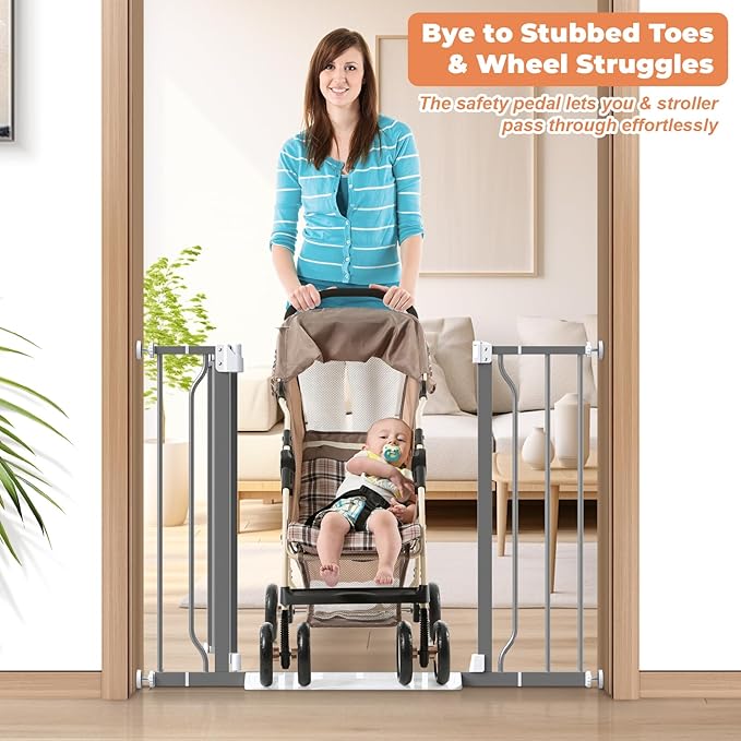 29"-40" Baby Gate for Stairs, Auto Close Stroller Friendly Dog Gate Indoor for Doorways, Pressure Mounted Baby Gate, Easy Walk Through Gate for Children & Pets, Grey