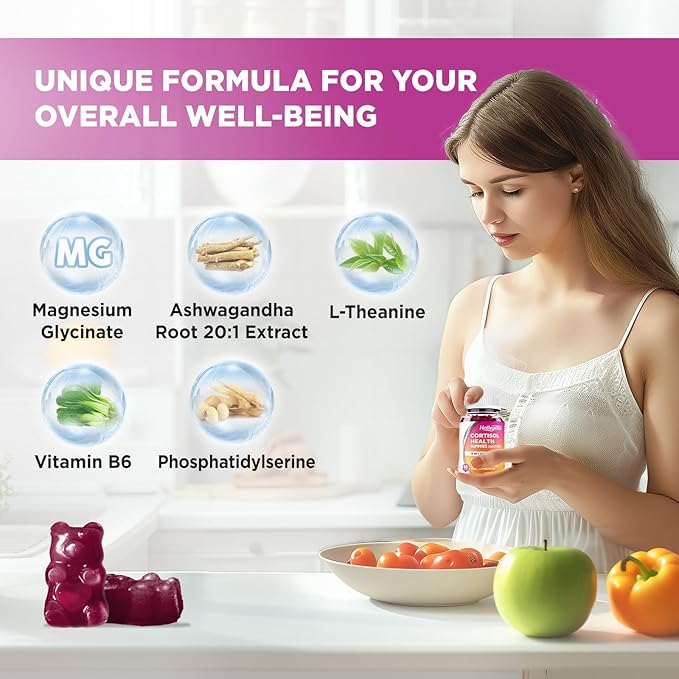 Cortisol Supplements for Women Men, Cortisol Gummies with Ashwagandha, Magnesium, L-Theanine, Phosphatidylserine, B6 for Cortisol Detox, Relaxation, Sleep, Focus, Sugar-Free, Vegan, 60