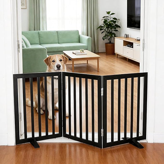 ZJSF Freestanding Indoor Dog Gate for House Foldable Wood Puppy Gate for Doorways Pet Gate for Stairs Extra Wide Pet Fence, Black, 24" Height 3 Panels