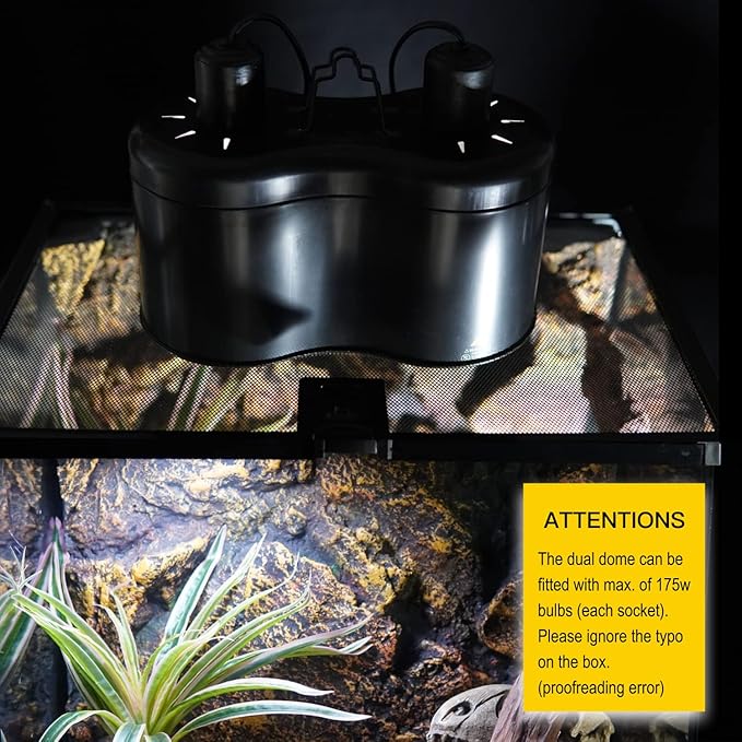 Reptile Dual Dome 12inch, Fits Reptile Light/Heat Lamp/UVB Light, Max. 160W Each,Patent Design K8561, Reptile Light Fixture