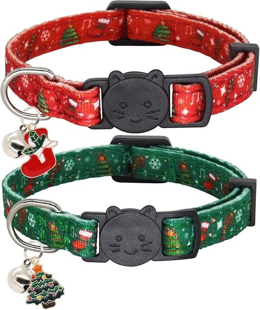 Christmas Cat Collar, Cotton 2 Pack Cat Collar with Bells, Breakaway Collars for Girl Boy Kittens, Christmas