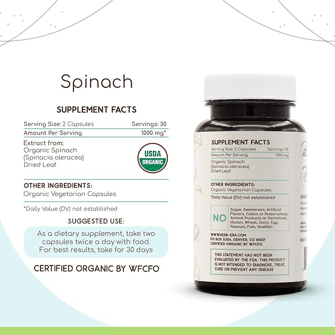 Spinach 60 Capsules, 500 mg, USDA Organic Spinach (Spinacia oleracea) Dried Leaf (60 Capsules)